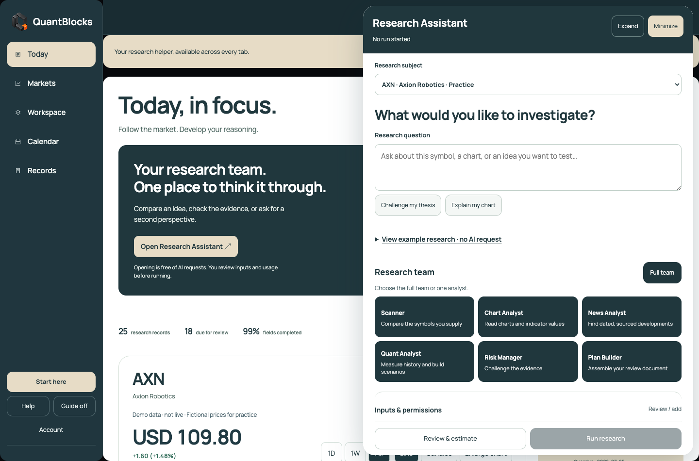 Current QuantBlocks Research Assistant showing question-first layout and six analyst choices