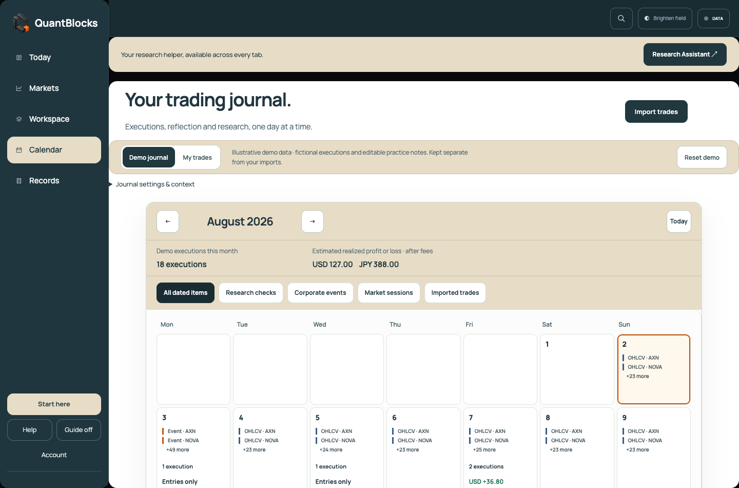 Populated trading journal calendar with completed trades and monthly totals
